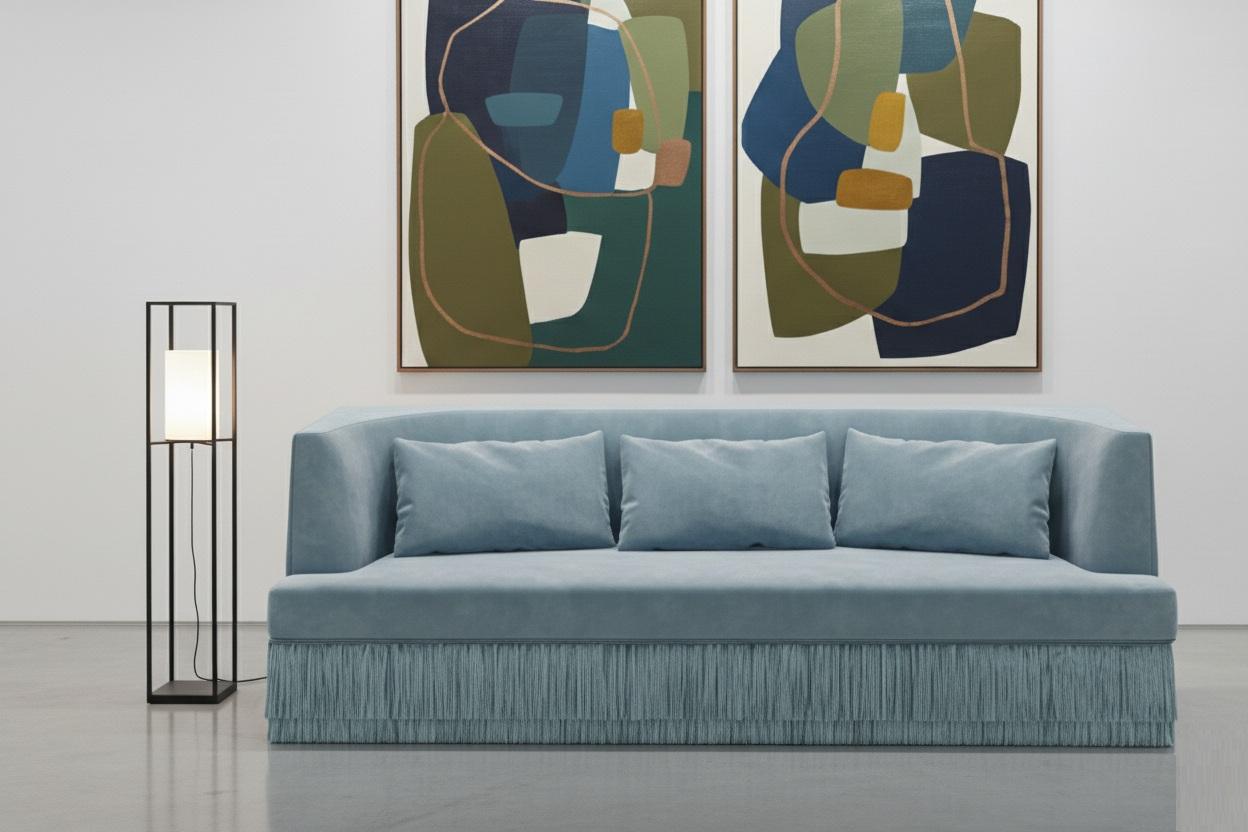 Fait main Canapé linéaire Alcove en velours d'Alpaga avec jupe à franges, Sidani Design/One en vente