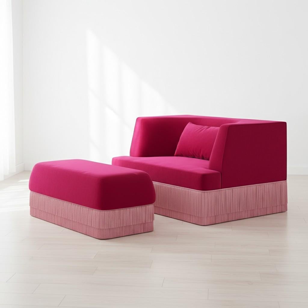 Contemporary Alcove Linear Sofa with Ottoman In Velvet With Fringe Skirt, Sidani Design For Sale