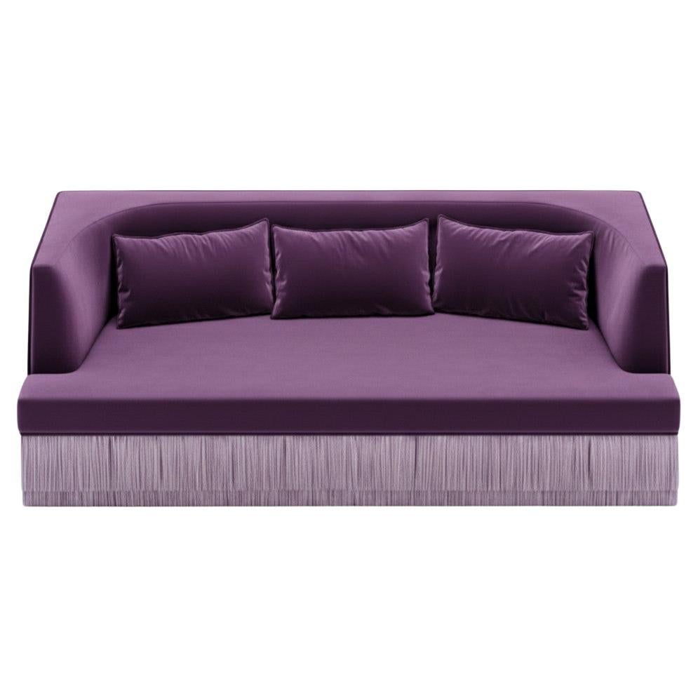 Alcove Linear Sofa In Alpaca Velvet With Fringe Skirt, Sidani Design