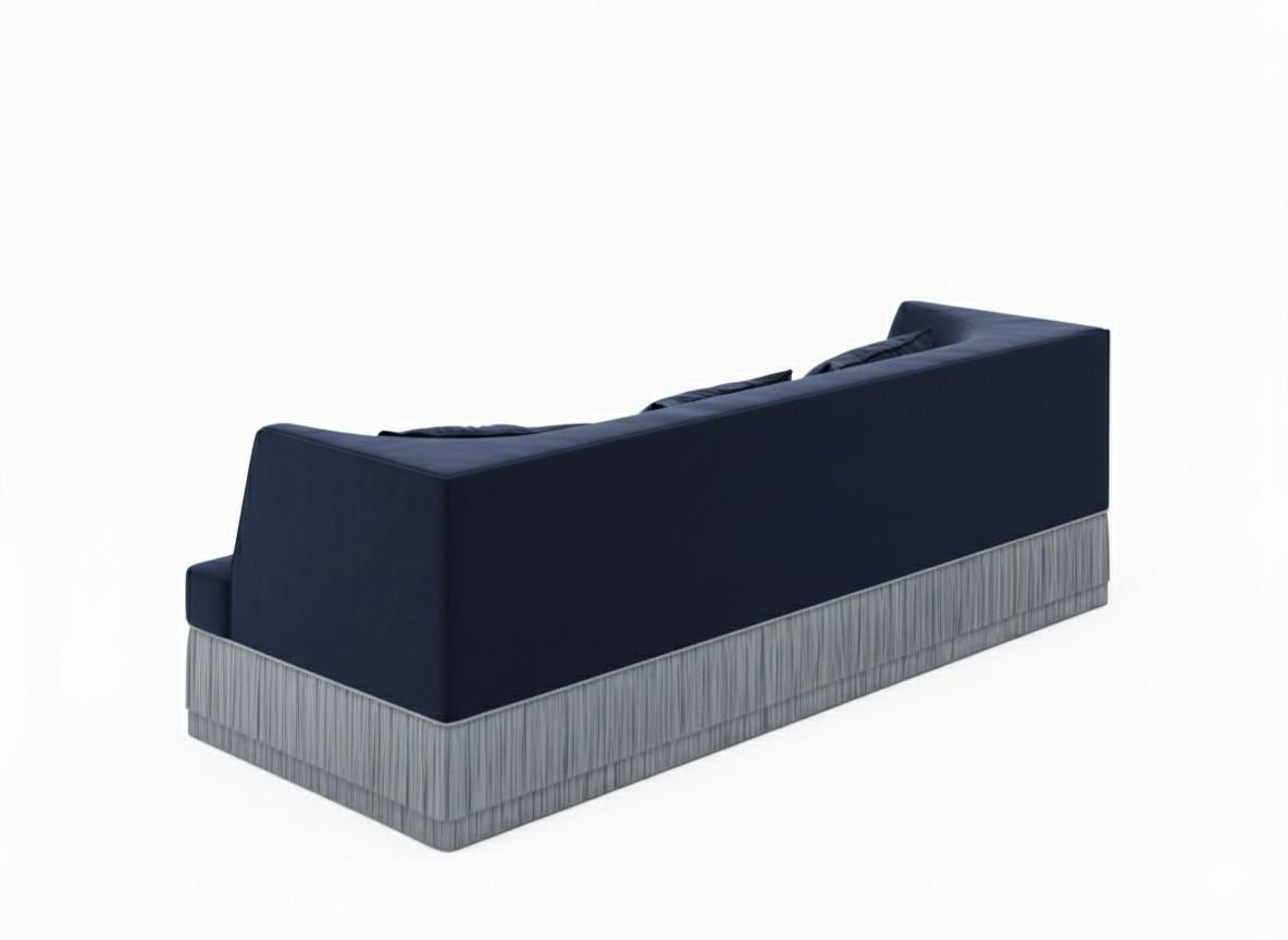 Portuguese Alcove Linear Sofa With Curved Back & Fringe Detailing In Navy Blue Velvet For Sale