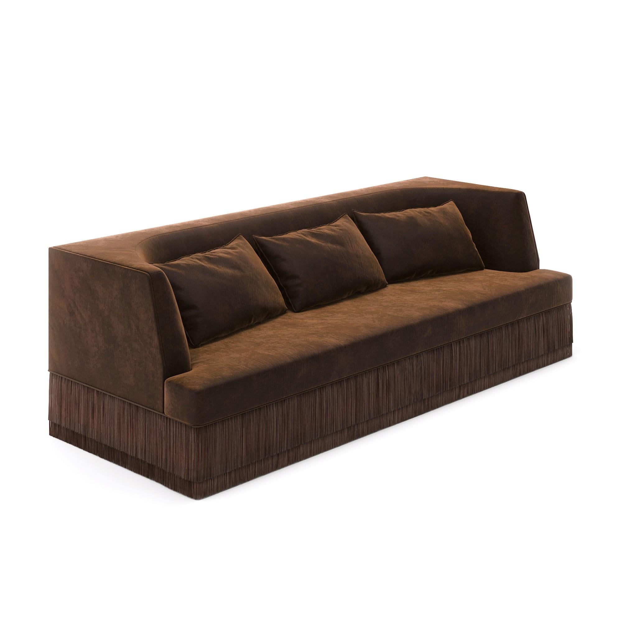 Alcove Linear Sofa With Curved Back & Fringe Detailing In Navy Blue Velvet In New Condition For Sale In NEW YORK, NY