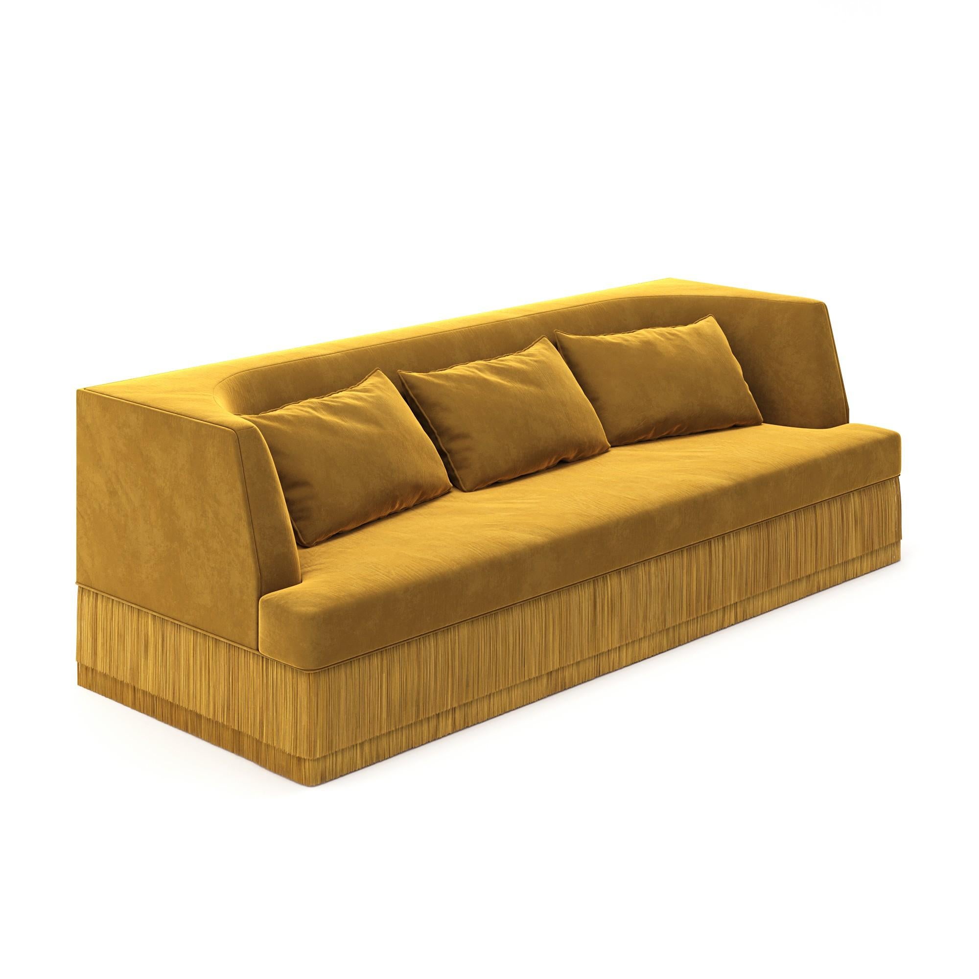 Contemporary Alcove Linear Sofa With Curved Back & Fringe Detailing In Navy Blue Velvet For Sale