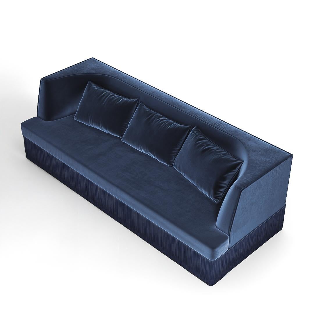 Portuguese Alcove Linear Sofa With Curved Back & Fringe Detailing In Navy Blue Velvet For Sale