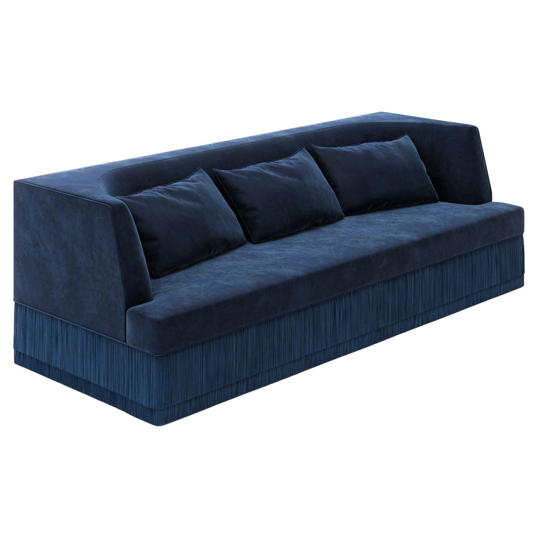 Alcove Linear Sofa With Curved Back & Fringe Detailing In Navy Blue Velvet