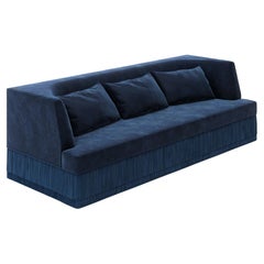 Alcove Linear Sofa With Curved Back & Fringe Detailing In Navy Blue Velvet