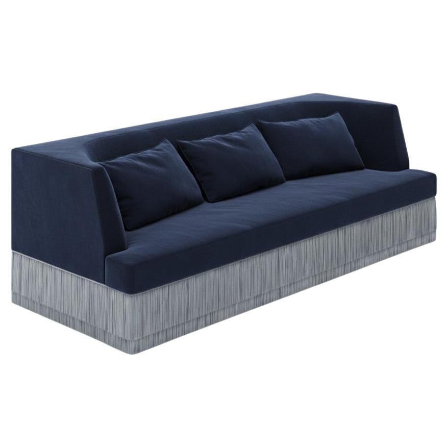 Alcove Linear Sofa With Curved Back & Fringe Detailing In Navy Blue Velvet For Sale