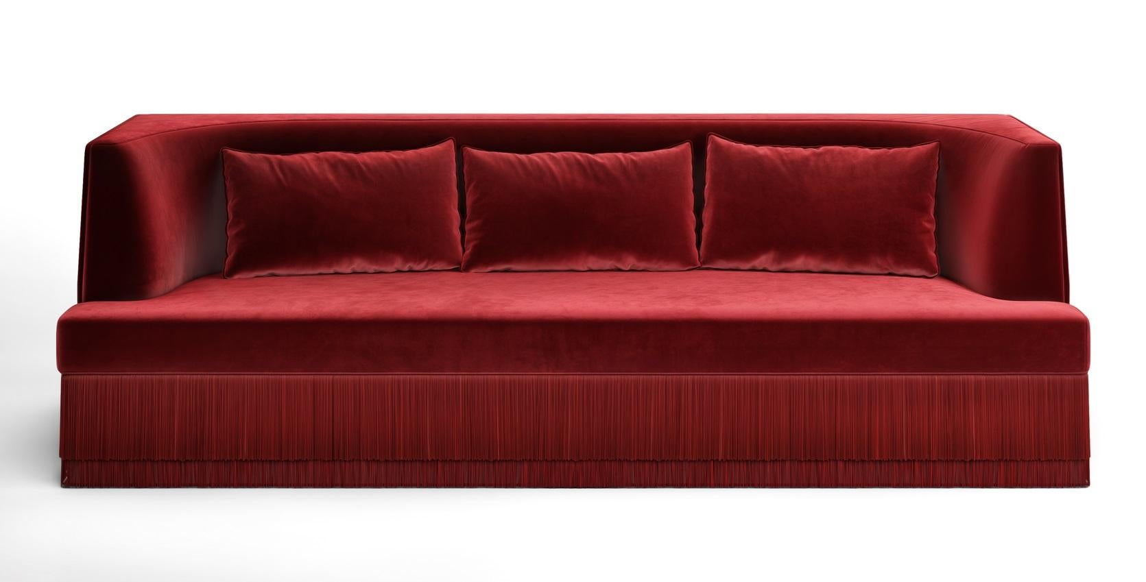Portuguese Alcove Linear Sofa With Fringe Detail In Chocolate Alpaca Velvet For Sale