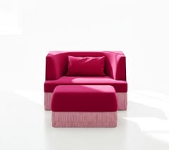 Alcove Linear Sofa with Ottoman In Velvet With Fringe Skirt, Sidani Design