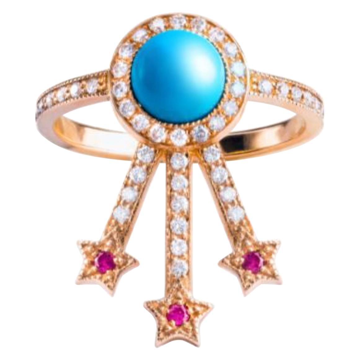 Alcylone Ring, Turquoise, Rubies, 18 Karat Rose Gold For Sale