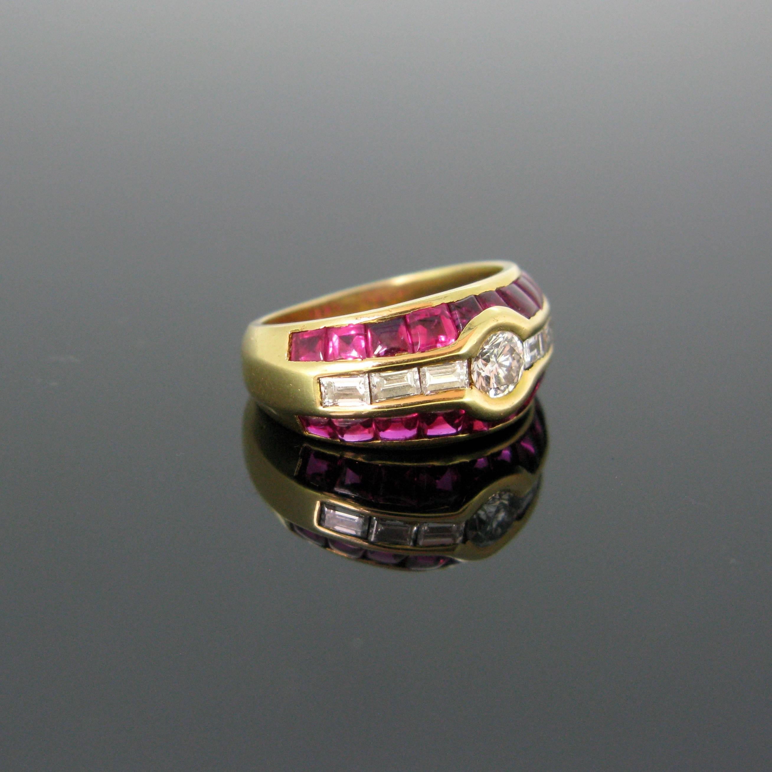 Round Cut Aldebert Contemporary Ruby Diamonds Yellow Gold Cocktail Ring For Sale