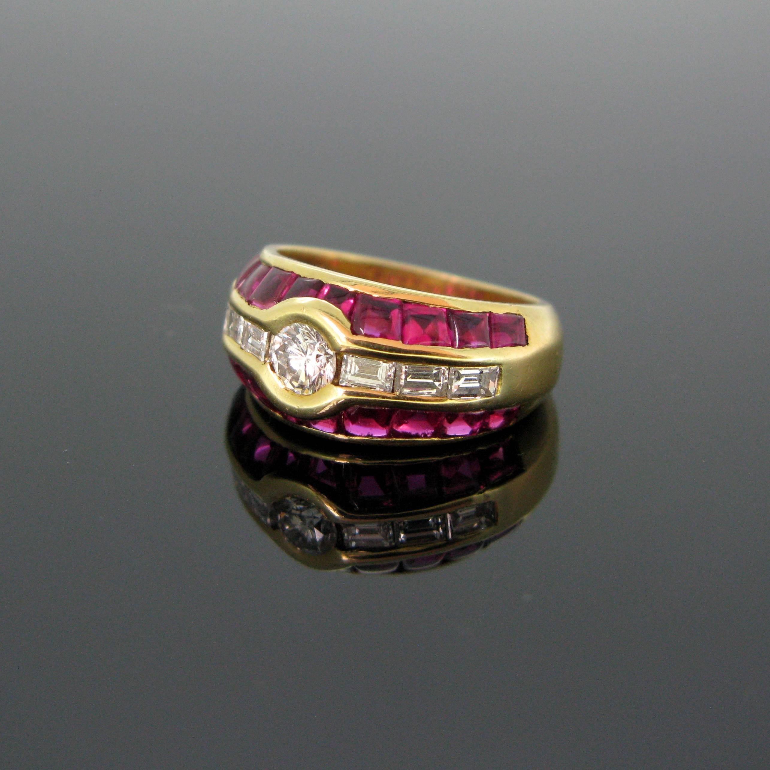 Aldebert Contemporary Ruby Diamonds Yellow Gold Cocktail Ring For Sale 2