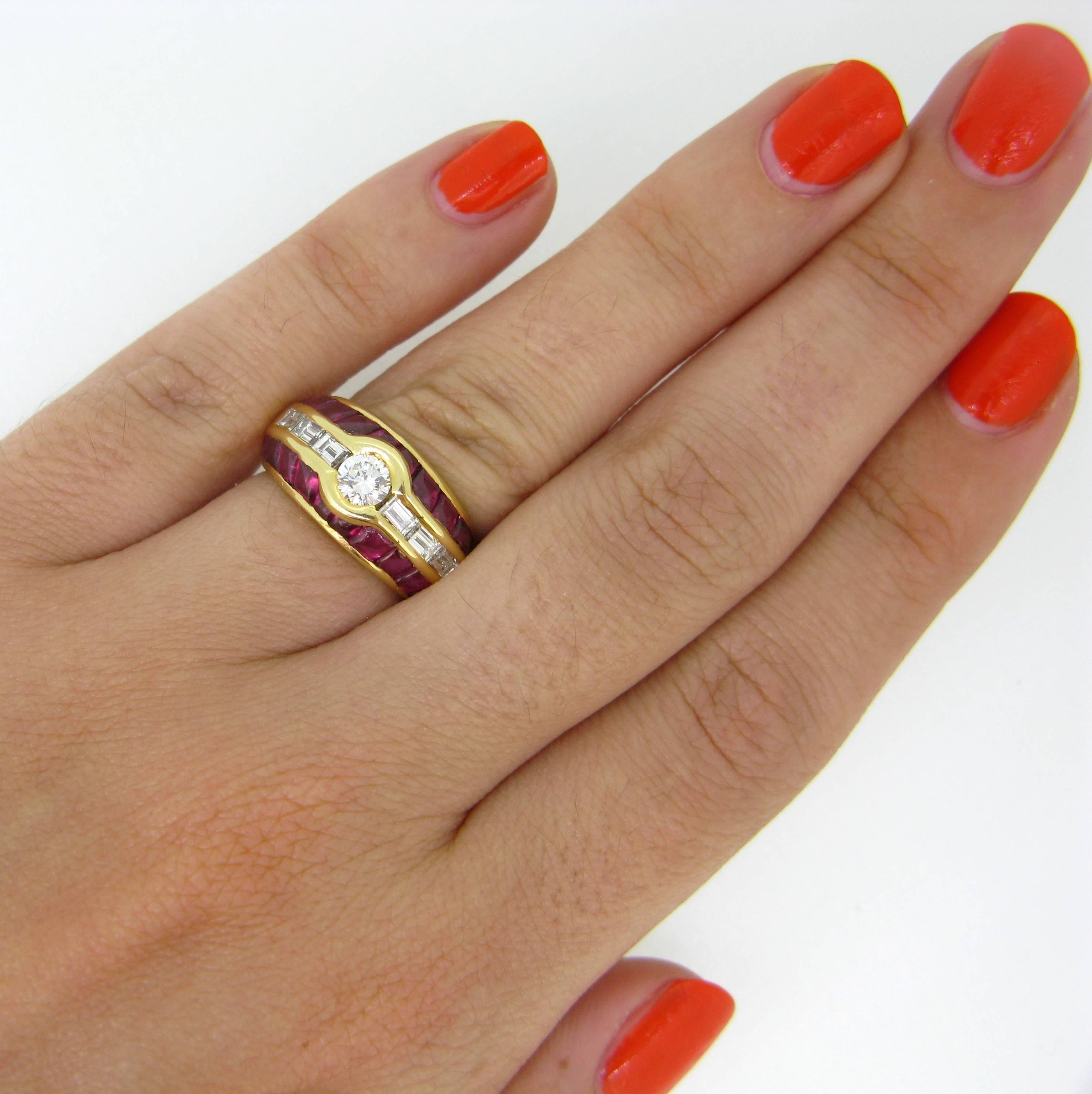 Aldebert Contemporary Ruby Diamonds Yellow Gold Cocktail Ring For Sale 3