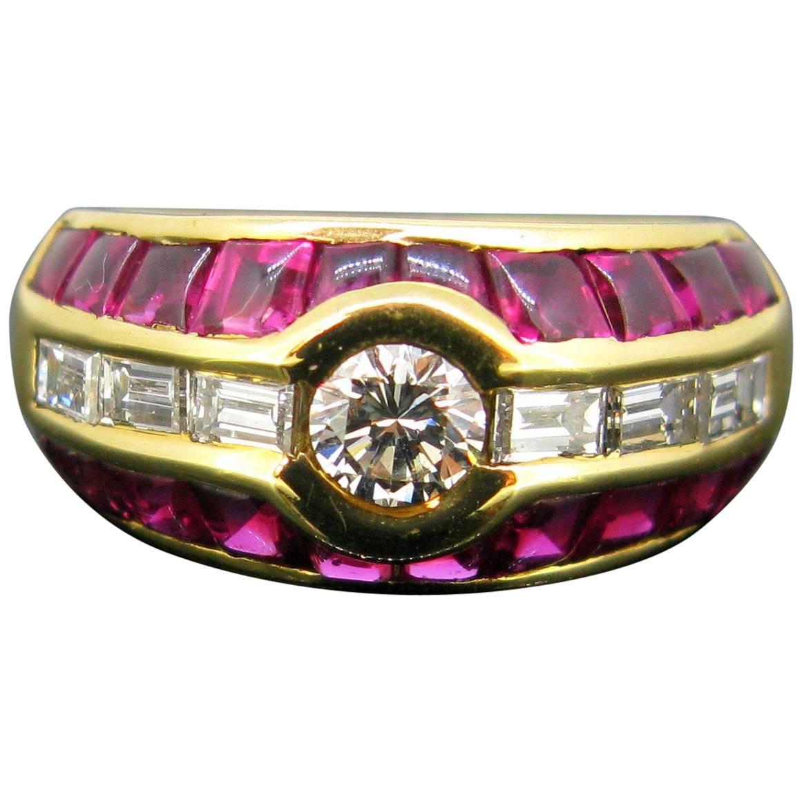 Aldebert Contemporary Ruby Diamonds Yellow Gold Cocktail Ring