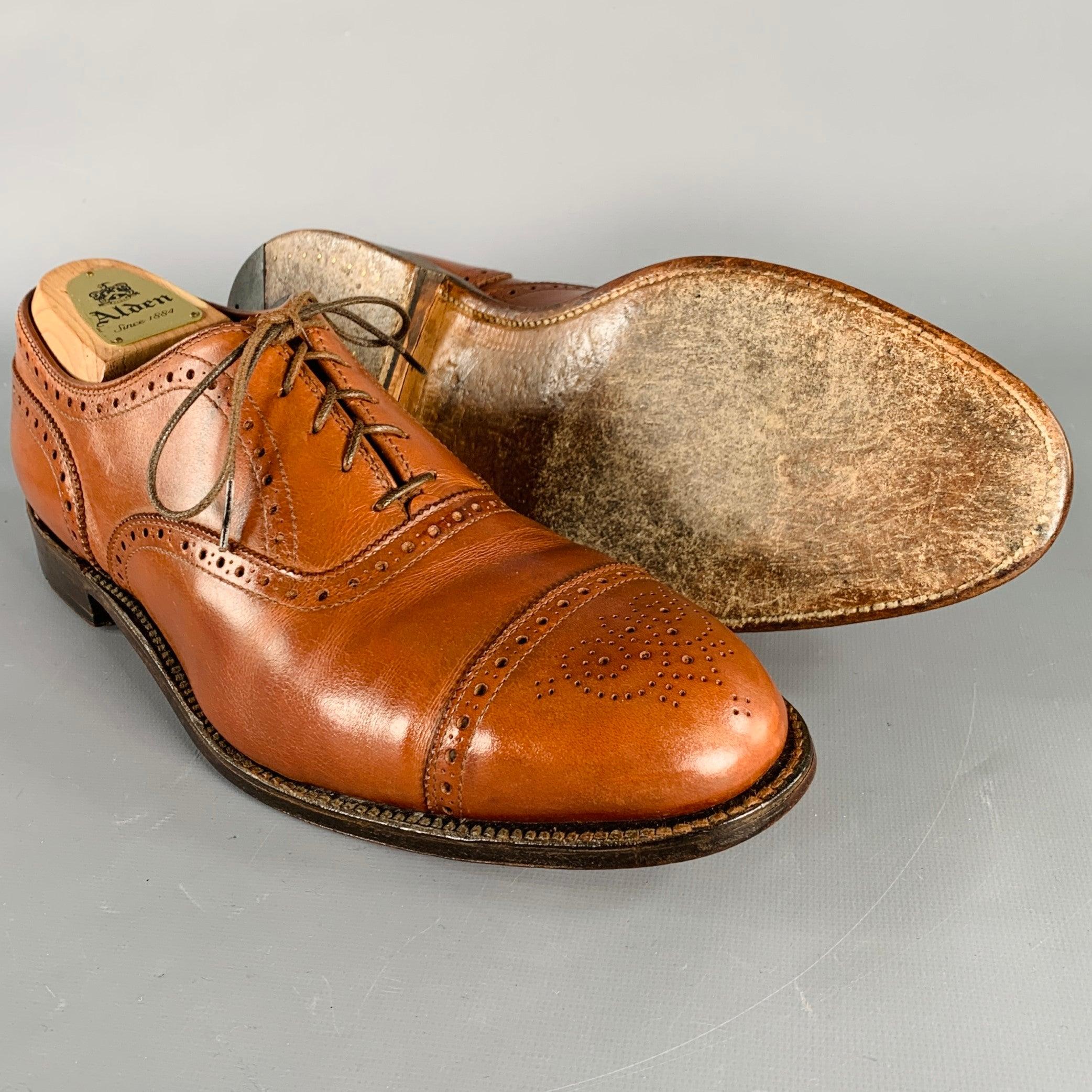 Men's ALDEN Size 10 Brown Cognac Perforated Leather Cap Toe Lace-Up Shoes For Sale