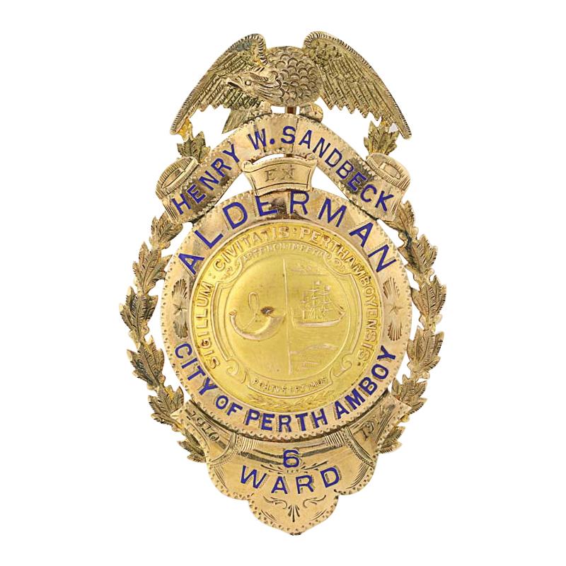 Alderman Badge 1910-1914 City Council 10k Gold Perth Amboy New Jersey Sandbeck