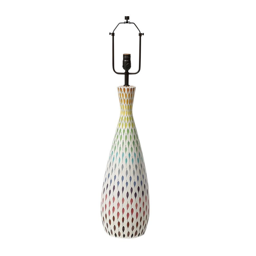Aldo Bitossi Table Lamp, Ceramic, Piume, Multi-Color, Signed. Large scale tapered stoneware lamp with glazed feather pattern decoration over white. The feather's colors range from orange, yellow, green, teal blue, gray, royal blue, to brown, pink,