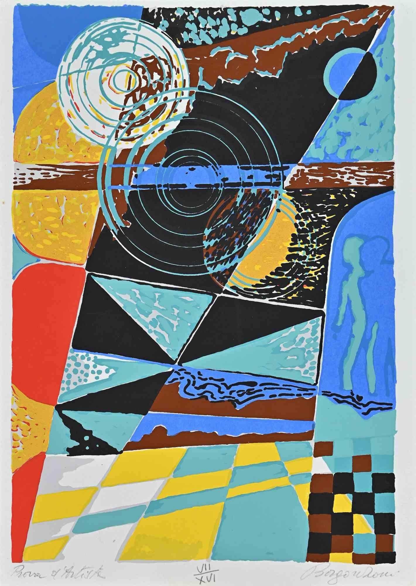 The Blue Space is a screen print on paper realized in 1975 by Aldo Borgonzoni (1913-2004).

Hand-signed and numbered, edition of VII /XVI prints.

The state of preservation of the artwork is very good.
