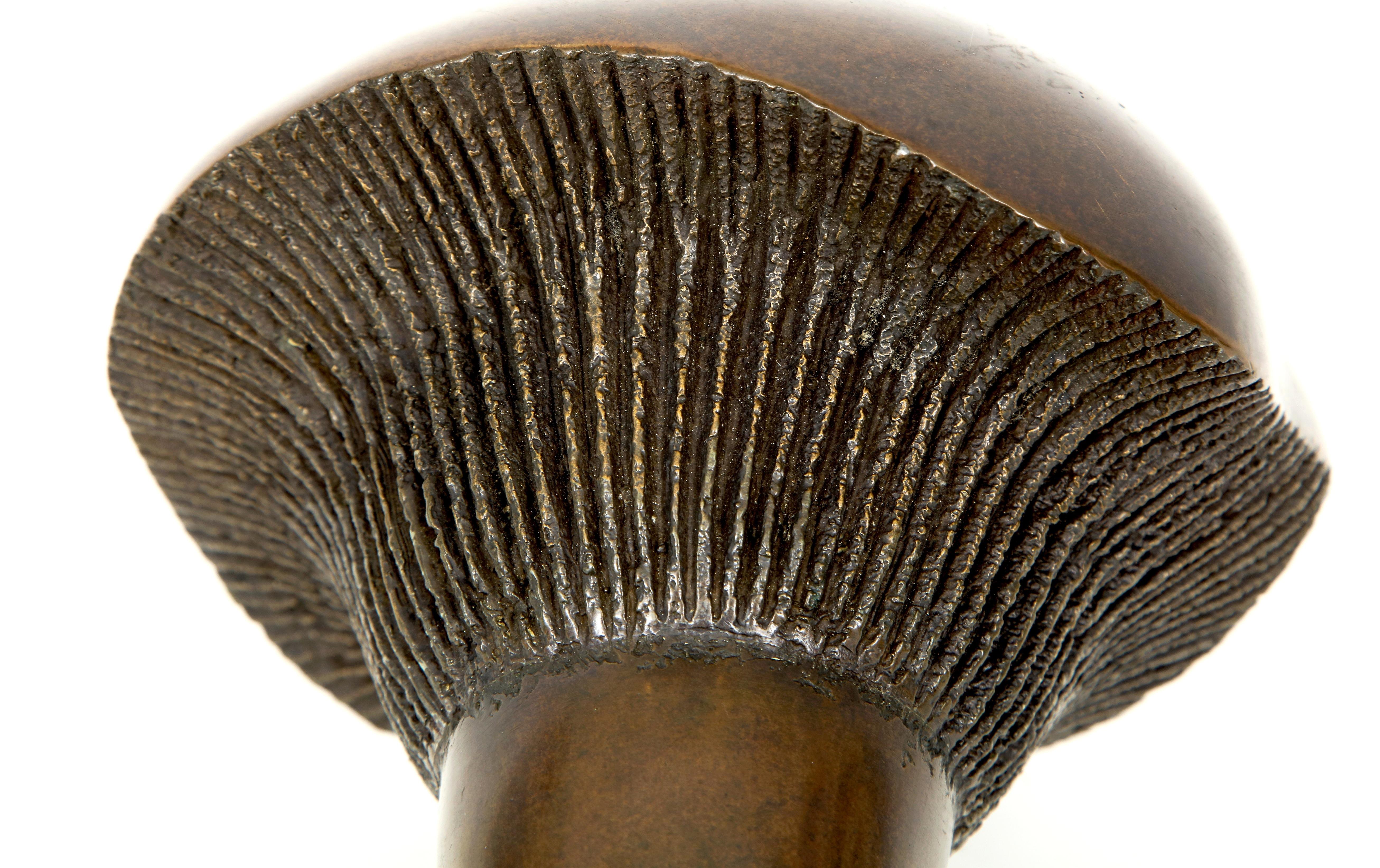 Fabulous mushroom sculpture by Aldo Casanova (1929-2014), circa late 1970s. Called mushroom, this unique abstract sculpture with its original patina has amazing angles from all sides and sits on a blackened silver base. Unsigned but came from a