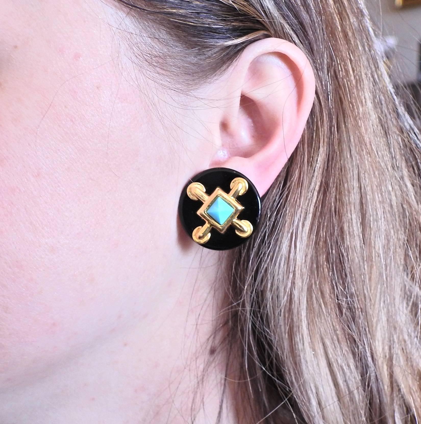 Aldo Cippulo 1970s Onyx Turquoise Gold Earrings In Excellent Condition In Lambertville, NJ