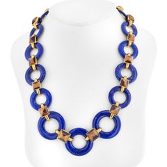 Aldo Cipullo 18K Yellow Gold Lapis Lazuli Discs And Square Tiger's Eye Neckla