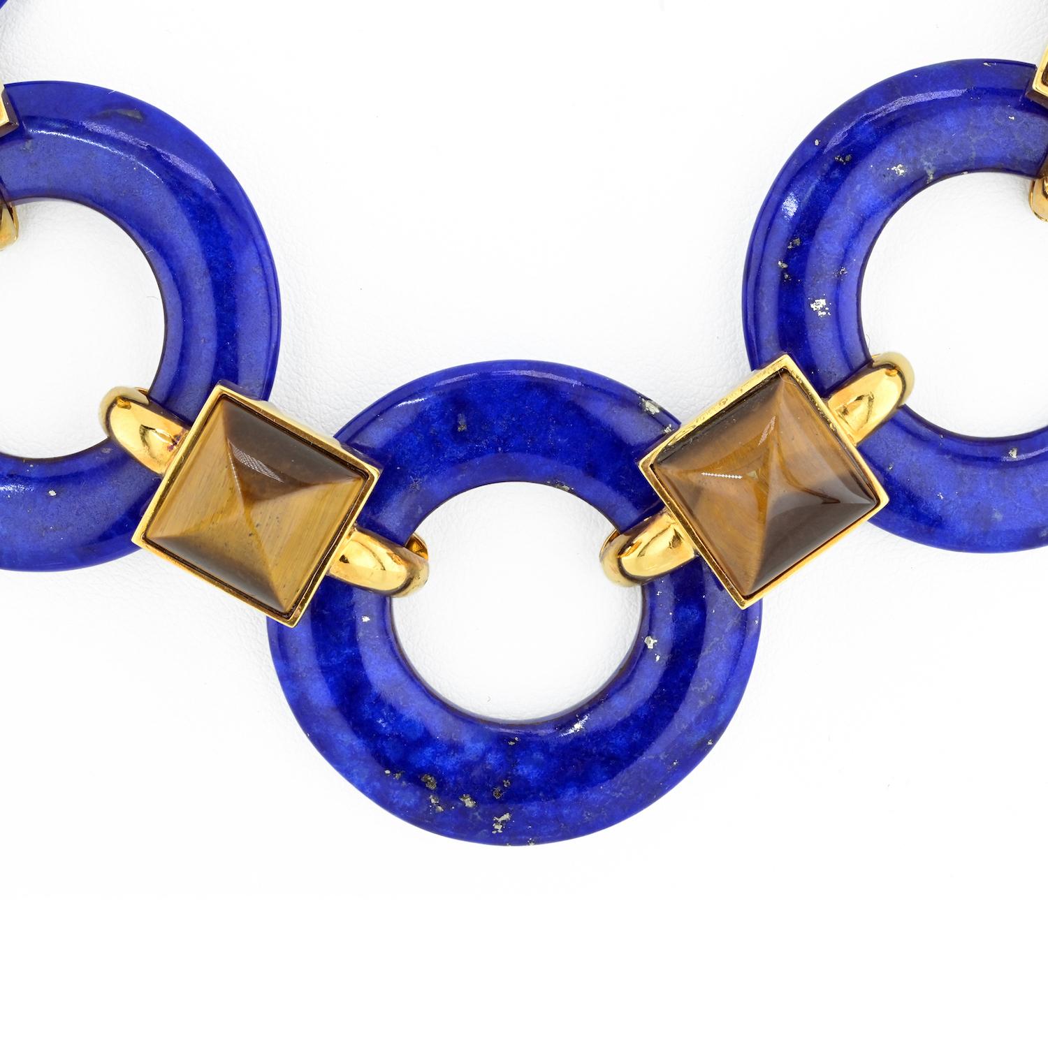 Round Cut Aldo Cipullo 18K Yellow Gold Lapis Lazuli Discs And Square Tiger's Eye Neckla