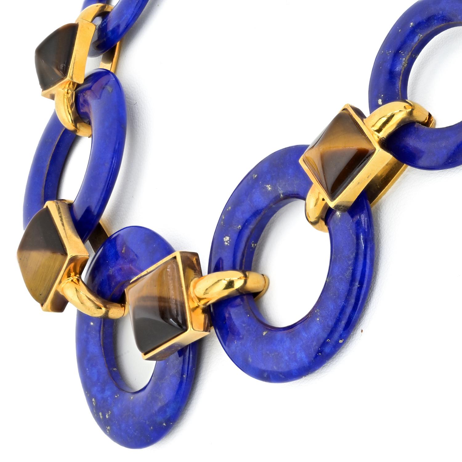 Aldo Cipullo 18K Yellow Gold Lapis Lazuli Discs And Square Tiger's Eye Neckla In Excellent Condition In New York, NY
