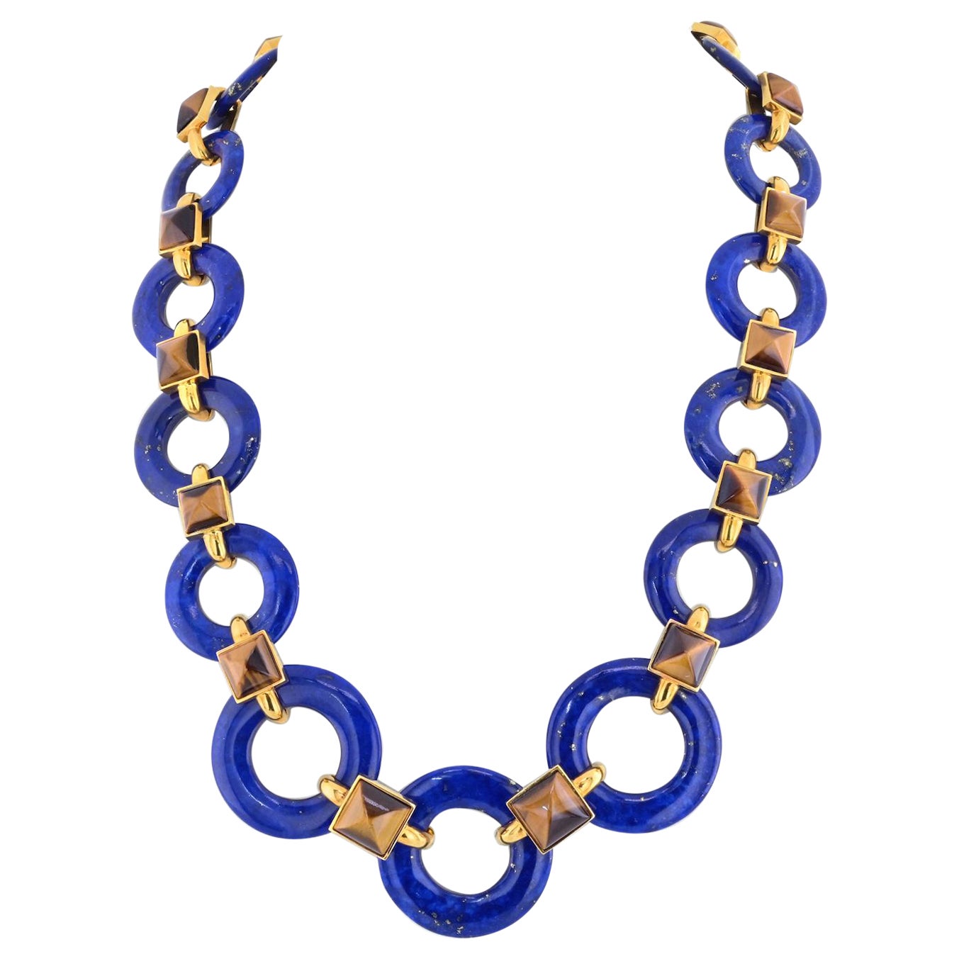 Aldo Cipullo 18K Gelbgold Lapislazuli-Scheiben und quadratische Tigerauge-Halskette