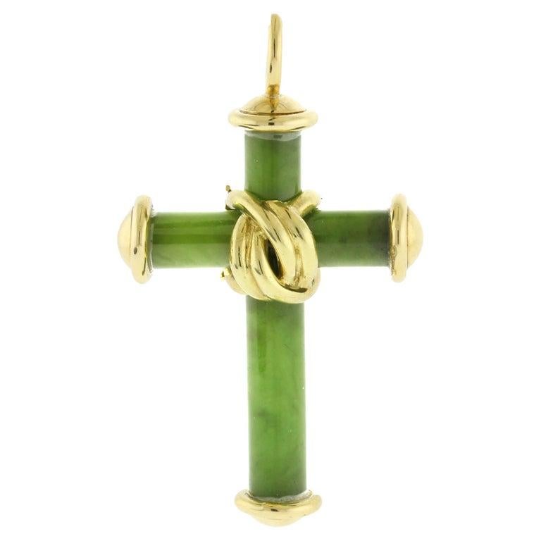 Uncut ALDO CIPULLO 18k Yellow Gold & Nephrite Cross Pendant Vintage Circa 1970s Rare For Sale