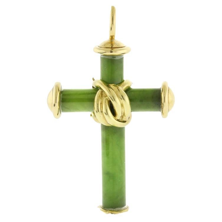 ALDO CIPULLO 18k Yellow Gold & Nephrite Cross Pendant Vintage Circa 1970s Rare For Sale