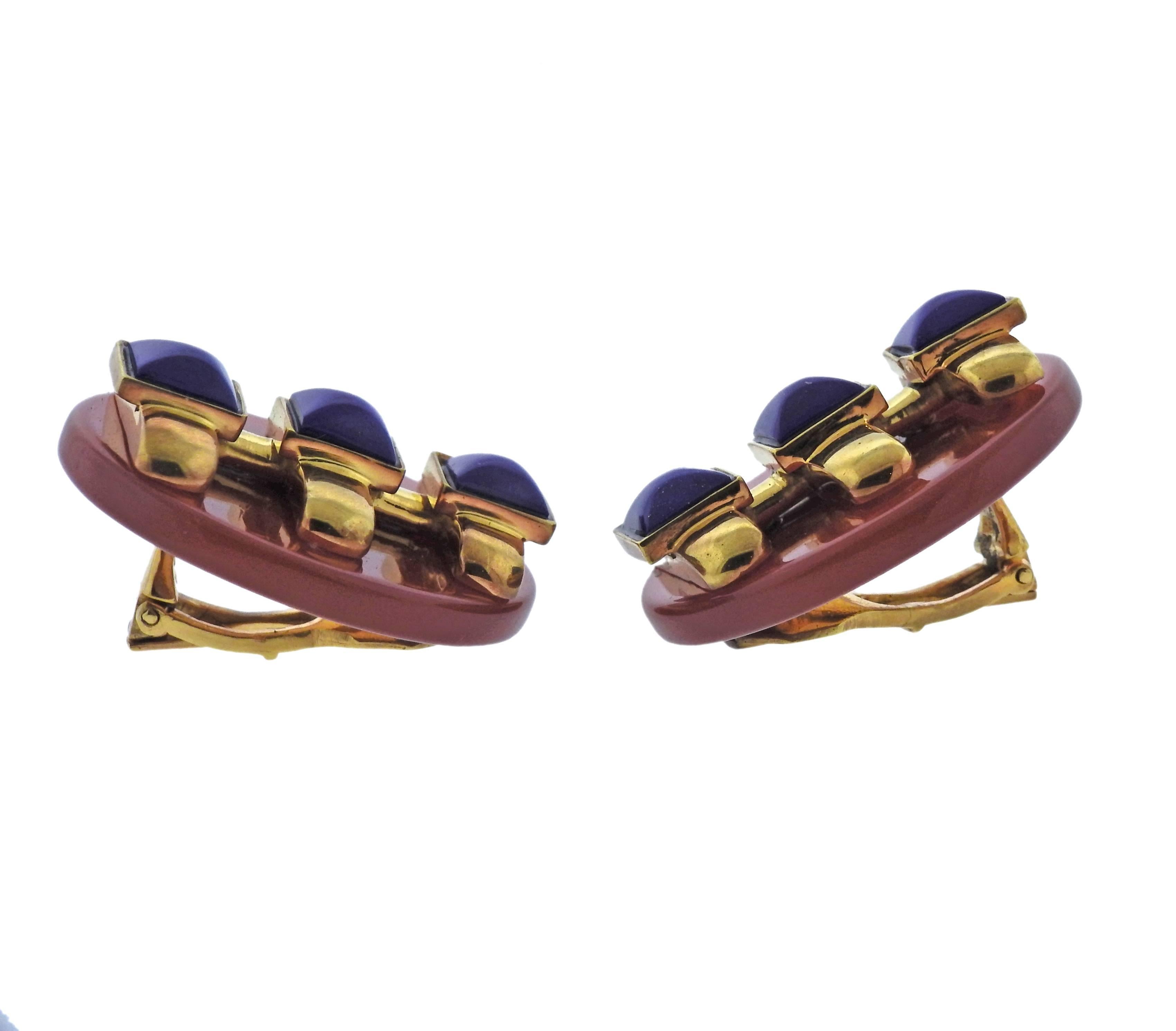 Pair of 18k yellow gold earrings, designed by Aldo Cipullo in circa 1973 , set with carnelian top and lapis lazuli.  Earrings are 28mm in diameter. weighs 34.9 grams. Marked:  A.Cipullo,1973.