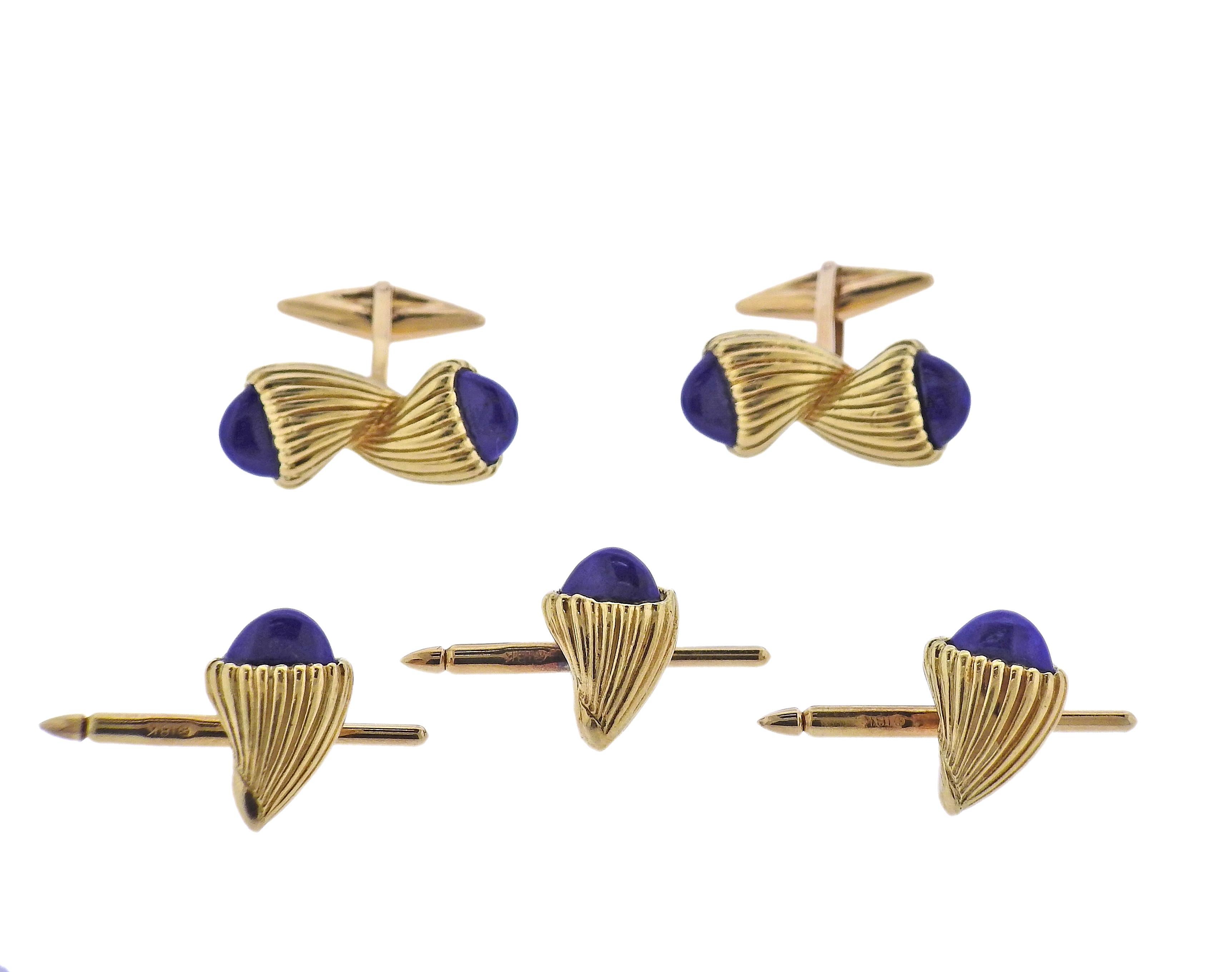 1970s 18k gold cufflinks and studs set by Aldo Cipullo, with lapis lazuli. Cufflink top is 25 x 10mm, stud is 15 x 11mm. Weight - 34.3 grams. Marked: Cipullo, 18k. 