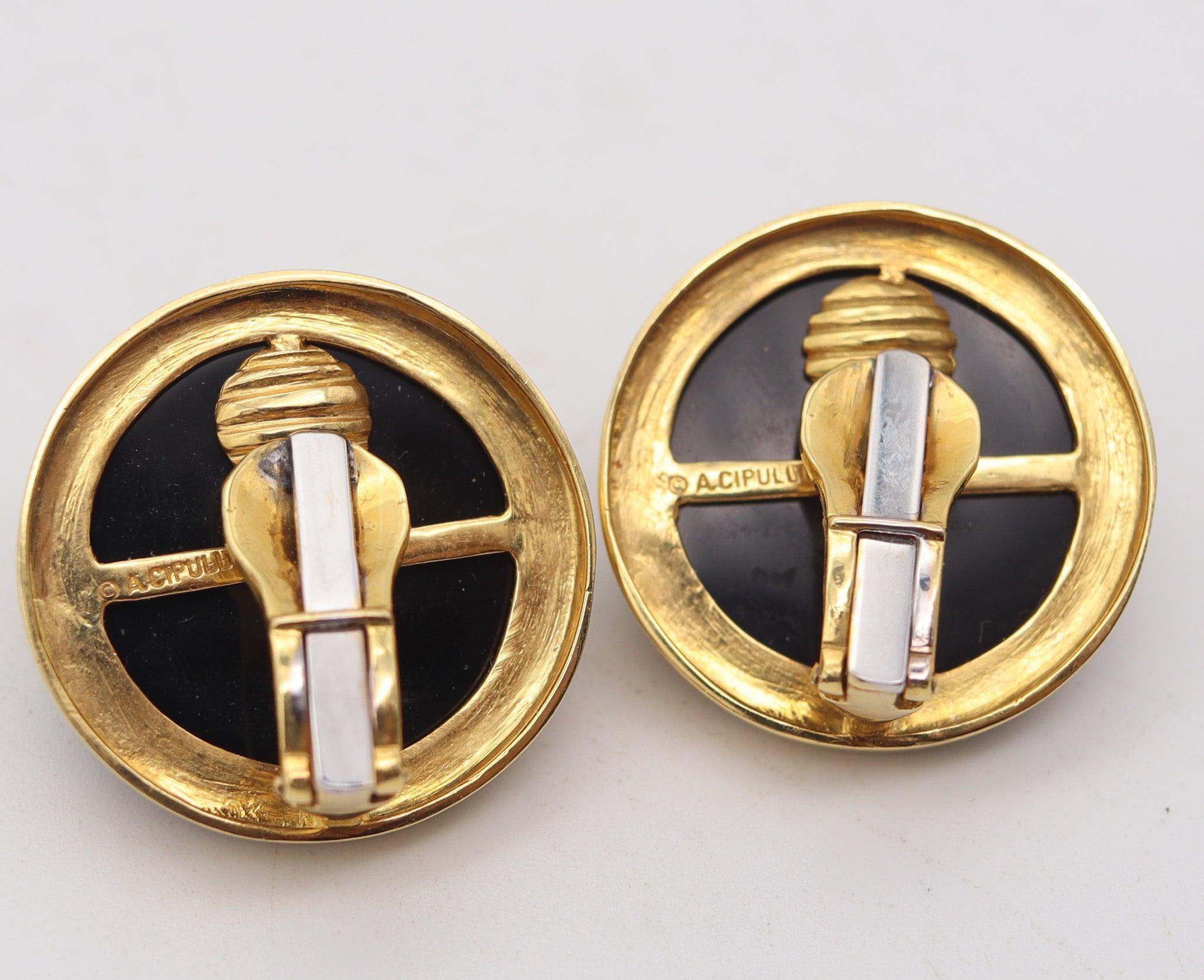 Cabochon ALDO CIPULLO 1973 Buttons Knots Clips On Earrings In 18Kt Gold With Onyxes. For Sale
