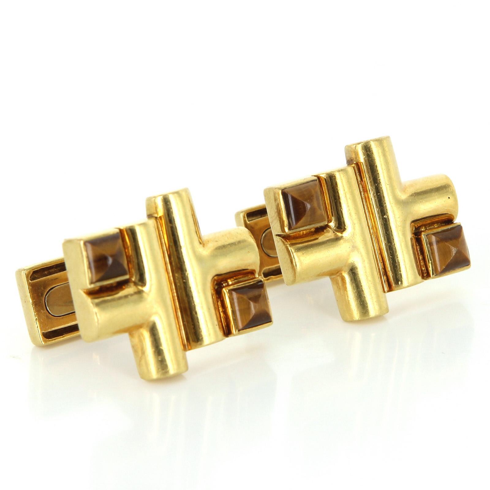 Women's or Men's Aldo Cipullo Cartier Cufflinks 18 Karat Gold Tigers Eye Signed Men's Jewelry