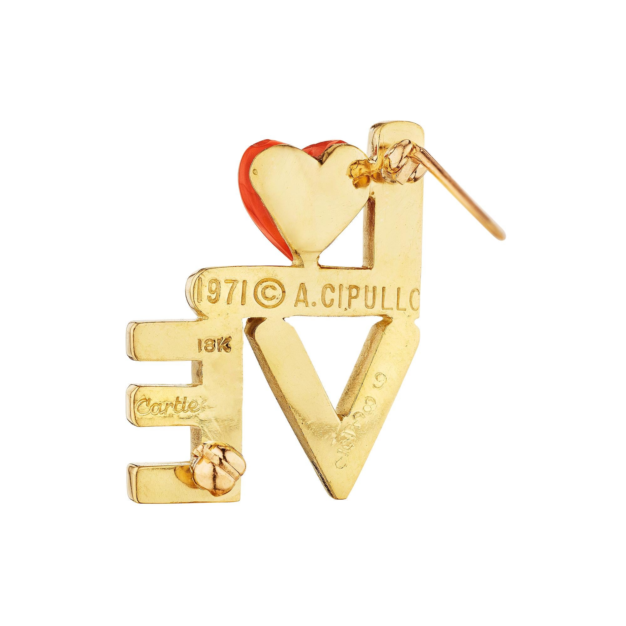 Wear love every day with this collectible Aldo Cipullo for Cartier modernist coral and 18 karat yellow gold brooch.  With a hand-carved coral heart sitting atop block letters spelling the precious word LOVE, this romantically designed pin is pure