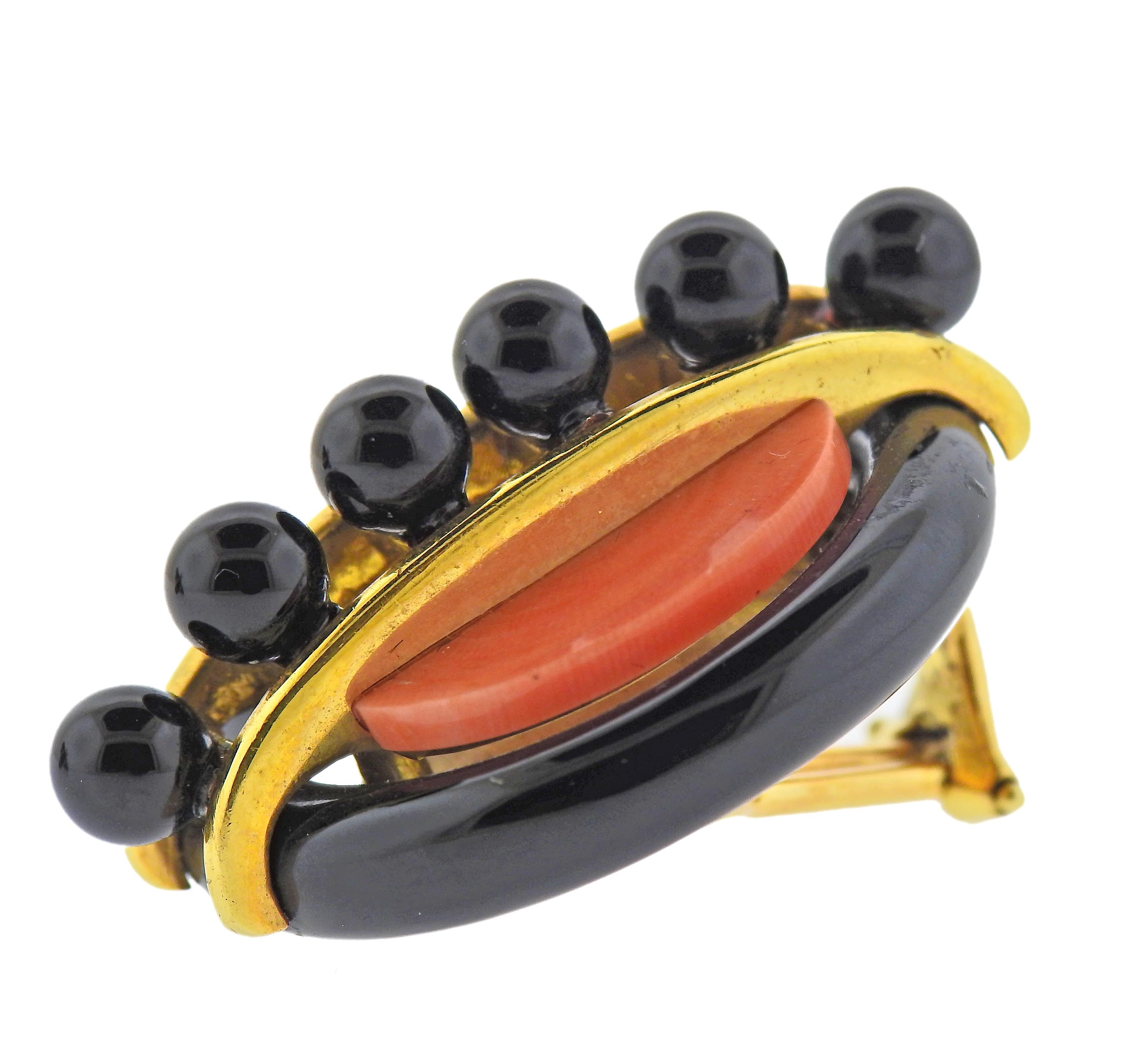 Round Cut Aldo Cipullo Coral Onyx Gold Earrings For Sale