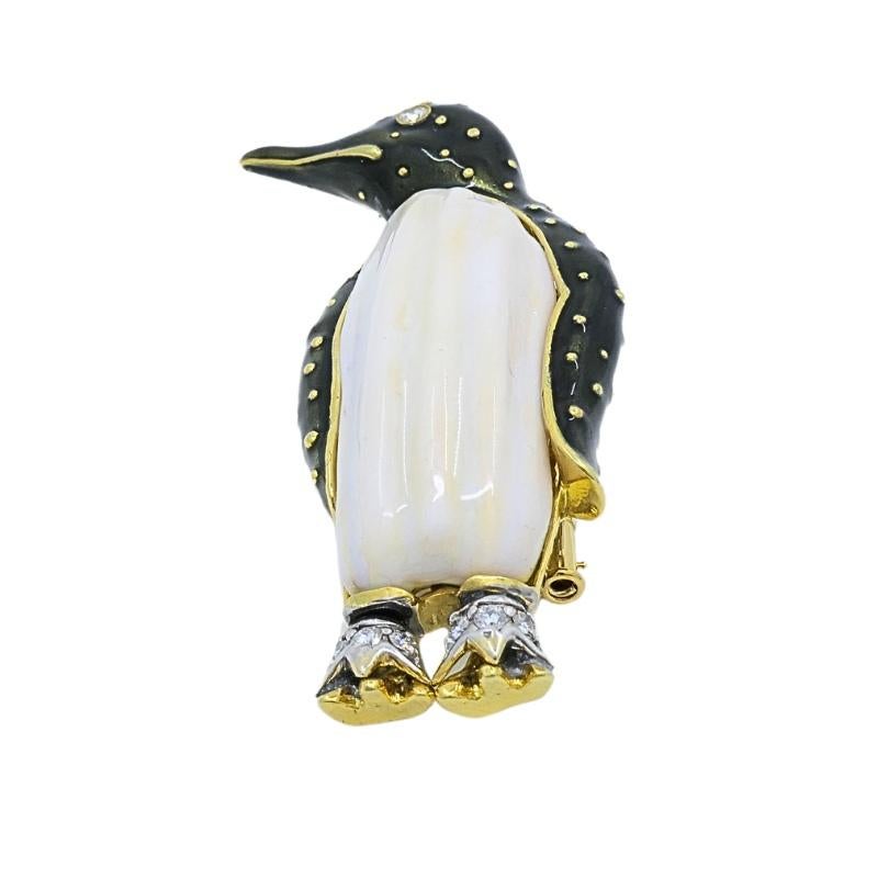 Women's or Men's Aldo Cipullo for Cartier Brooch Penguin Enamel Diamond 18K Gold For Sale