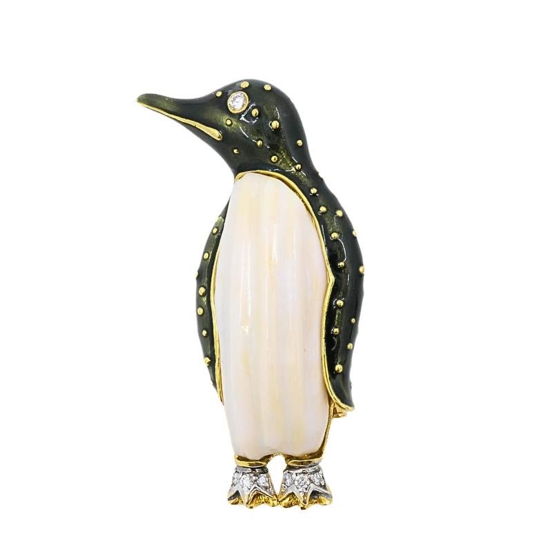 Aldo Cipullo for Cartier Brooch Penguin Enamel Diamond 18K Gold For Sale 3