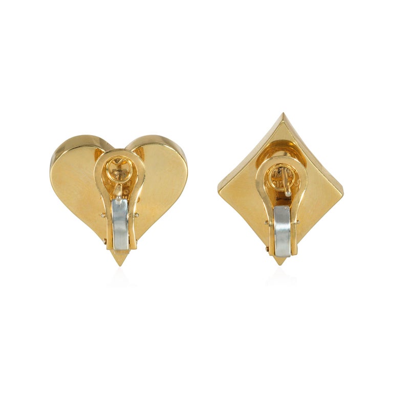 Modernist Aldo Cipullo for Cartier Gold Heart and Diamond Playing Card Earrings For Sale