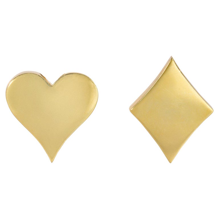 Aldo Cipullo for Cartier Gold Heart and Diamond Playing Card Earrings For Sale