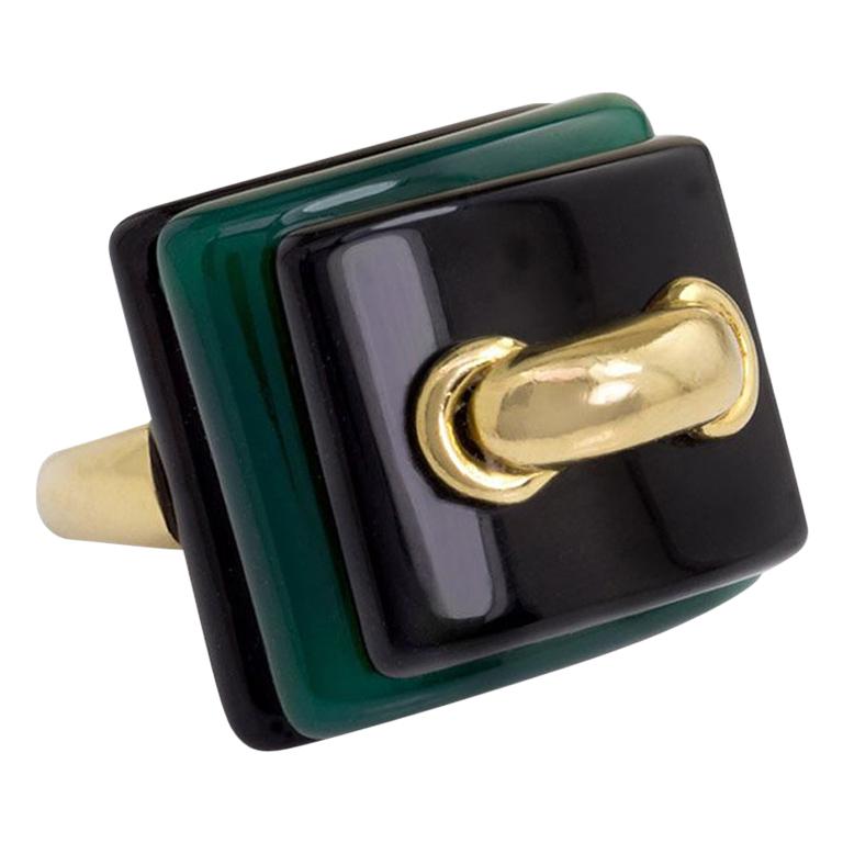 Cartier gold, onyx and chrysoprase layered plaque ring, ca. 1970, offered by Kentshire