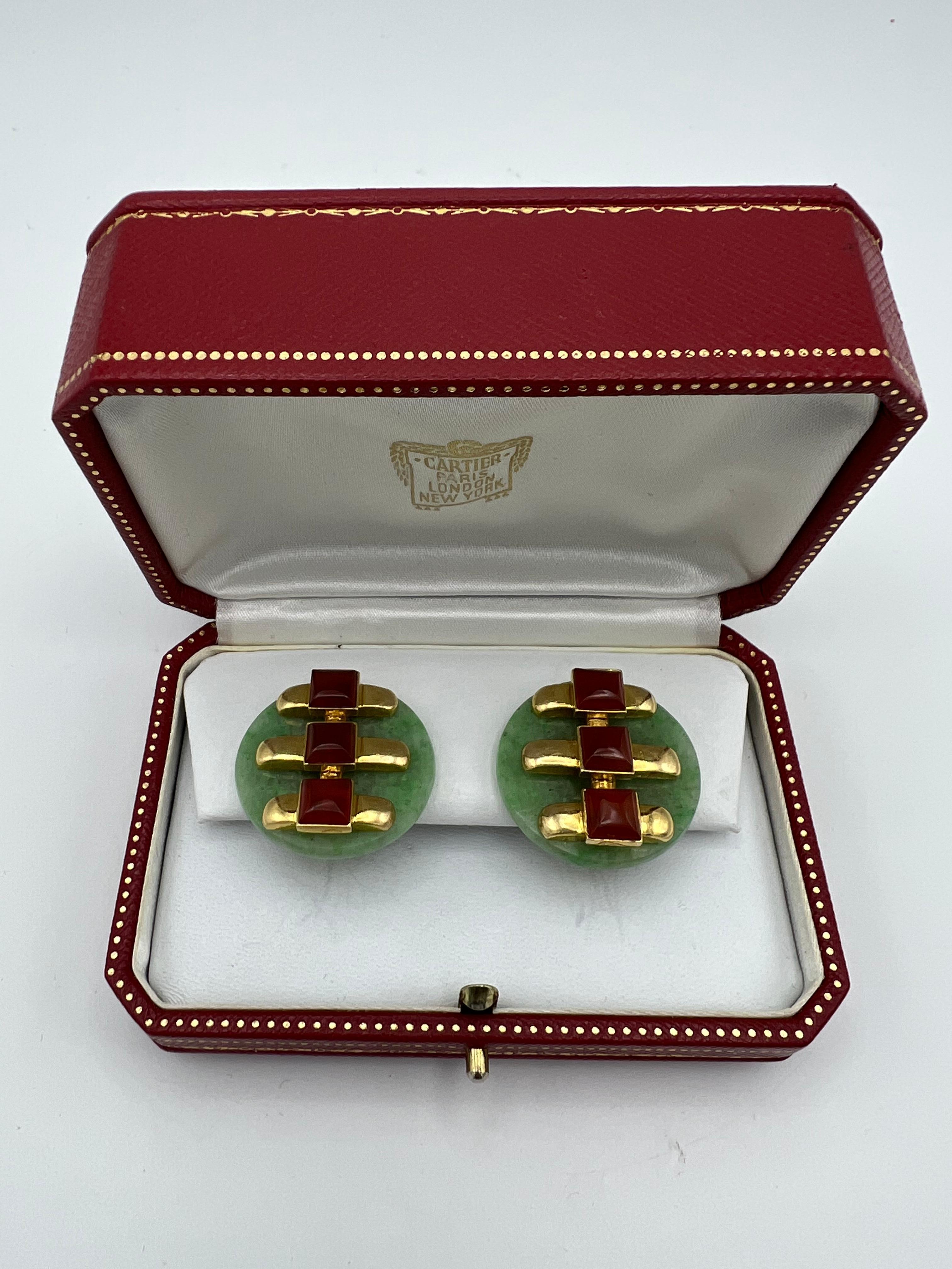 Round Cut Aldo Cipullo for Cartier Jade Carnelian Earrings w/ Box