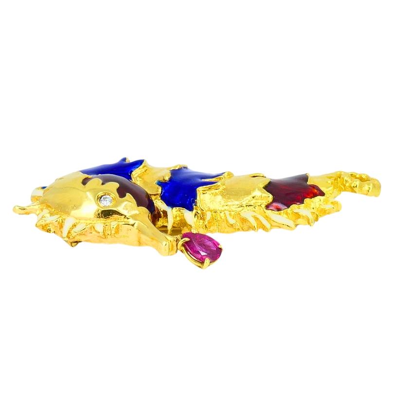 Aldo Cipullo for Cartier Seahorse Brooch Gold Enamel Gemstones For Sale 1