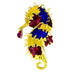 Aldo Cipullo for Cartier Seahorse Brooch Gold Enamel Gemstones