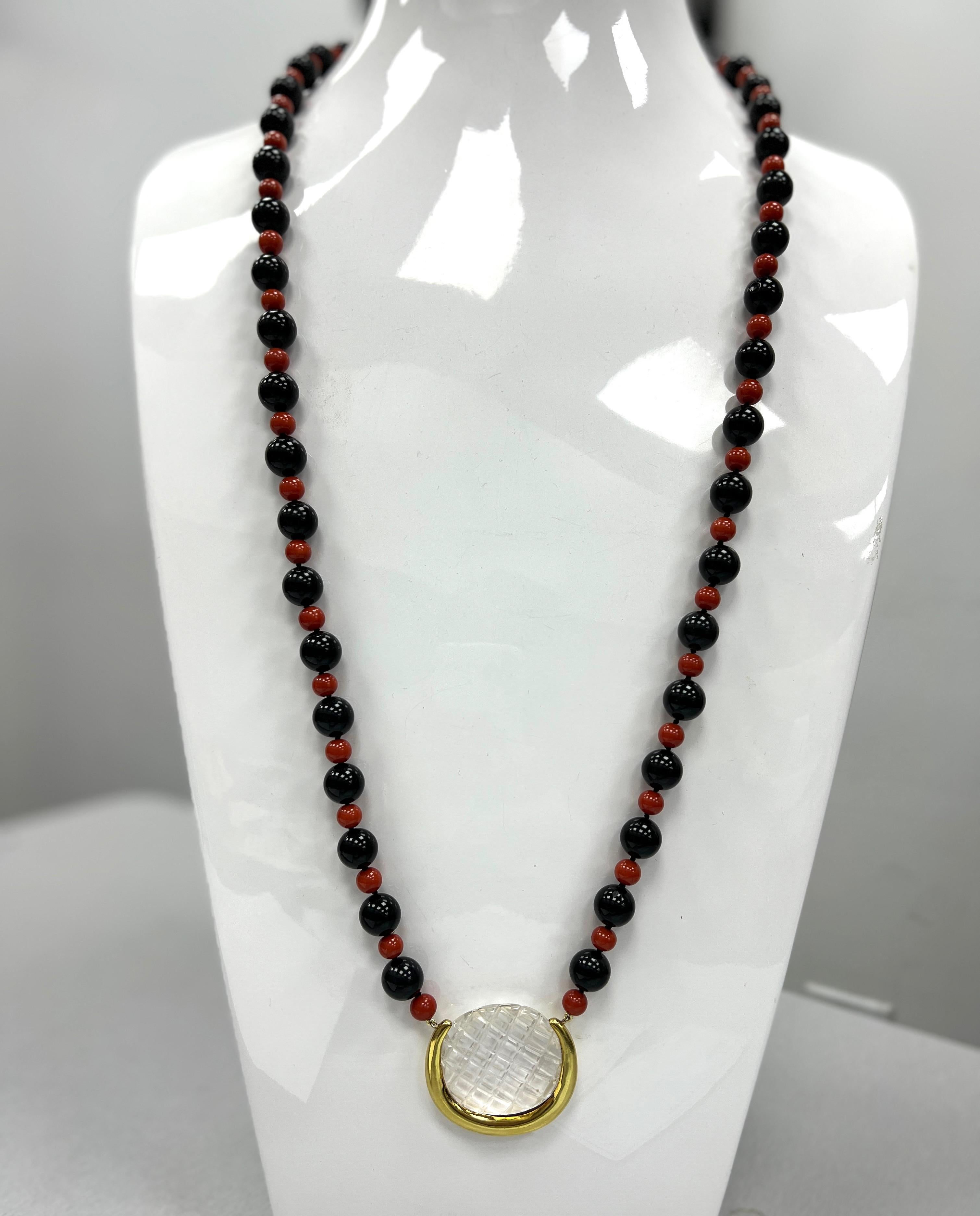 Aldo Cipullo Gold Crystal Pendant with Black Onyx and Coral Necklace 1