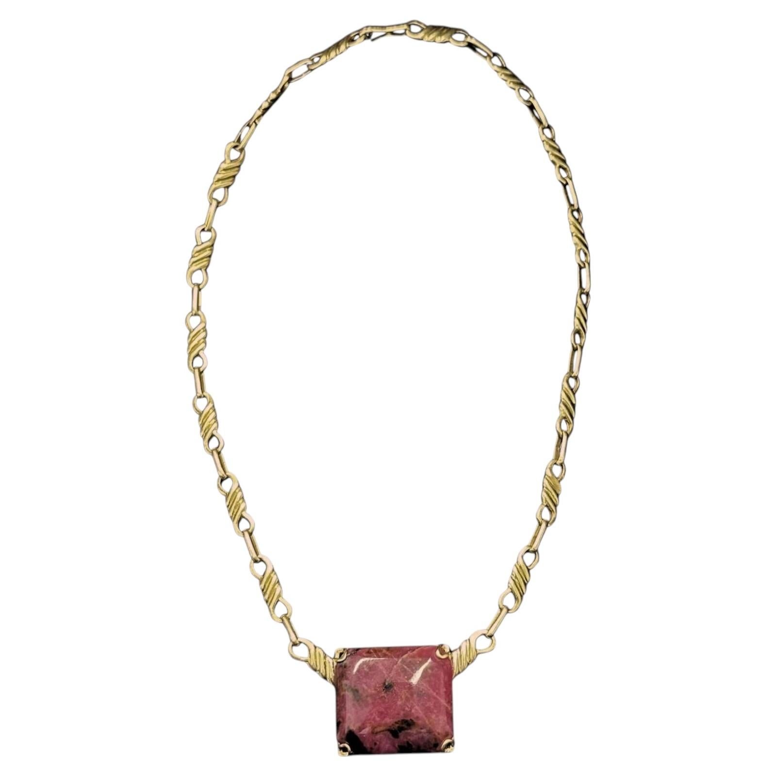 Aldo Cipullo Square Rhodonite Cabochon 18K Yellow Gold Necklace 1970 For Sale