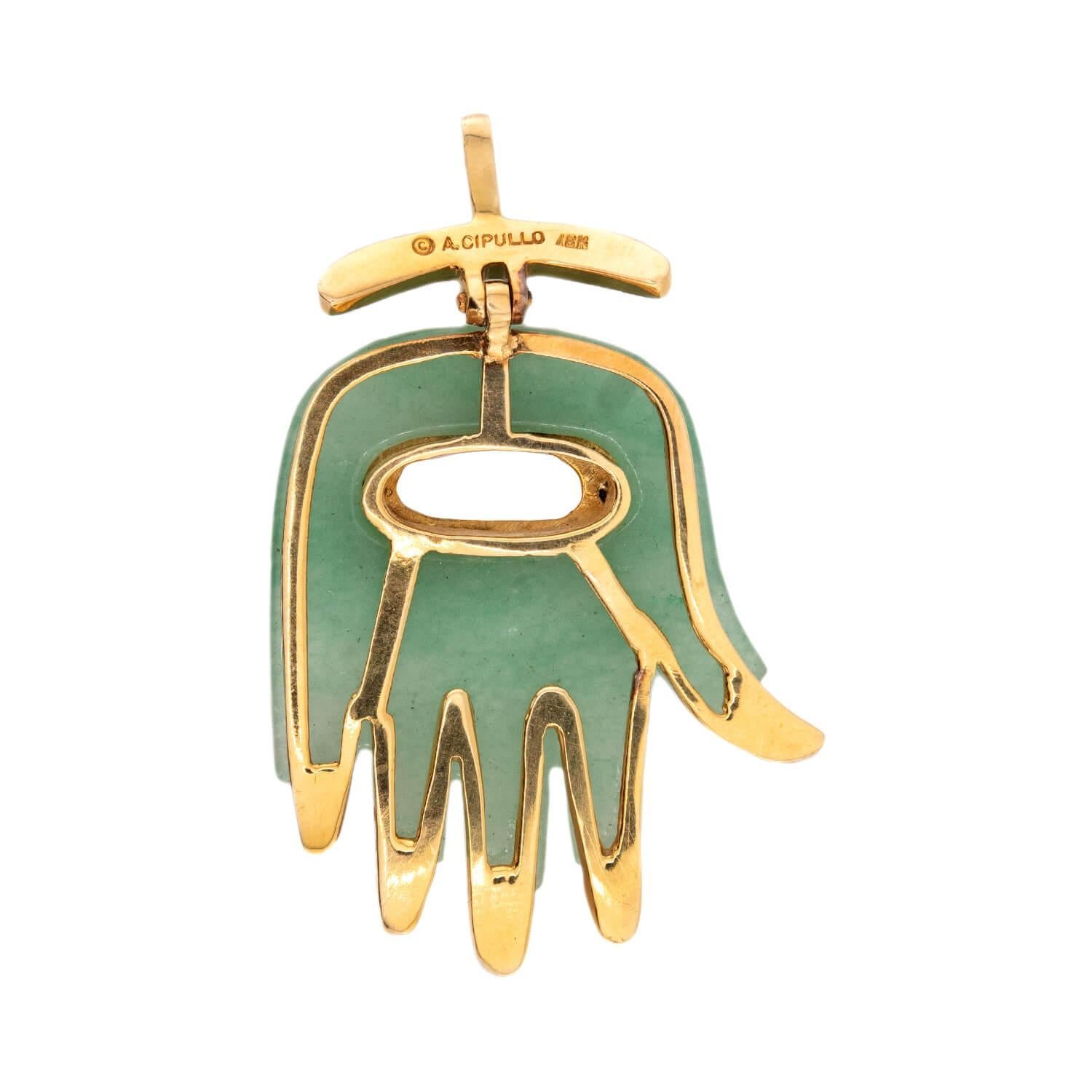 Rétro Ciondolo a forma di mano di Hamsa in giada vintage 18k di ALDO Cipullo in vendita