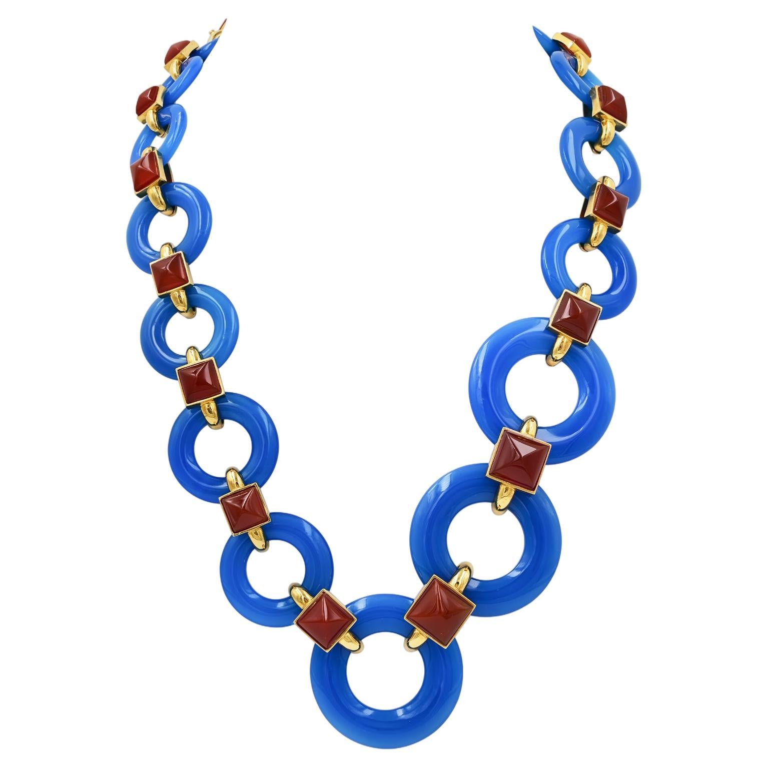 Aldo Cipullo Vintage Blue Agate Carnelian Link Necklace For Sale