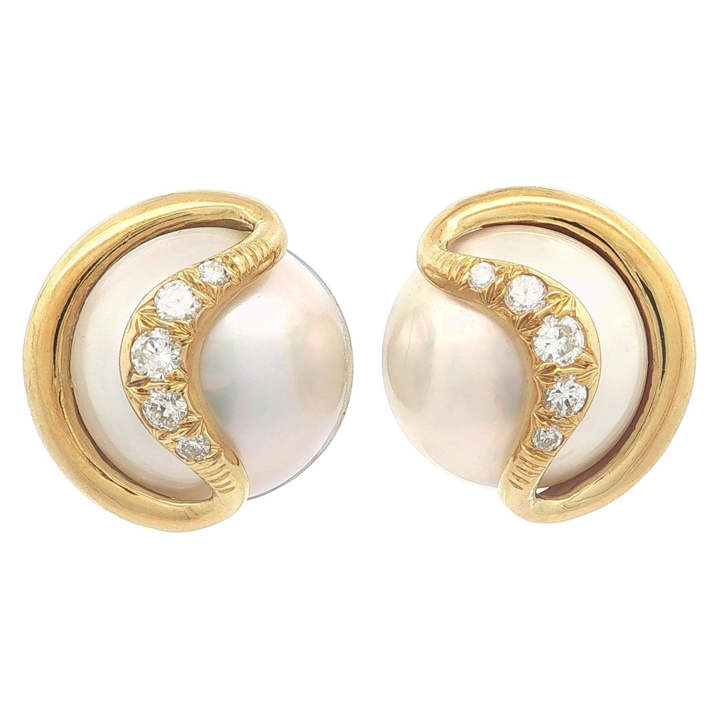 Aldo Cipullo Yellow Gold Mabe Pearl & Diamond Button Omega Back Earrings For Sale