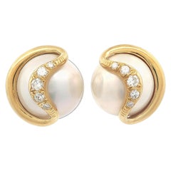 Aldo Cipullo Yellow Gold Mabe Pearl & Diamond Button Omega Back Earrings