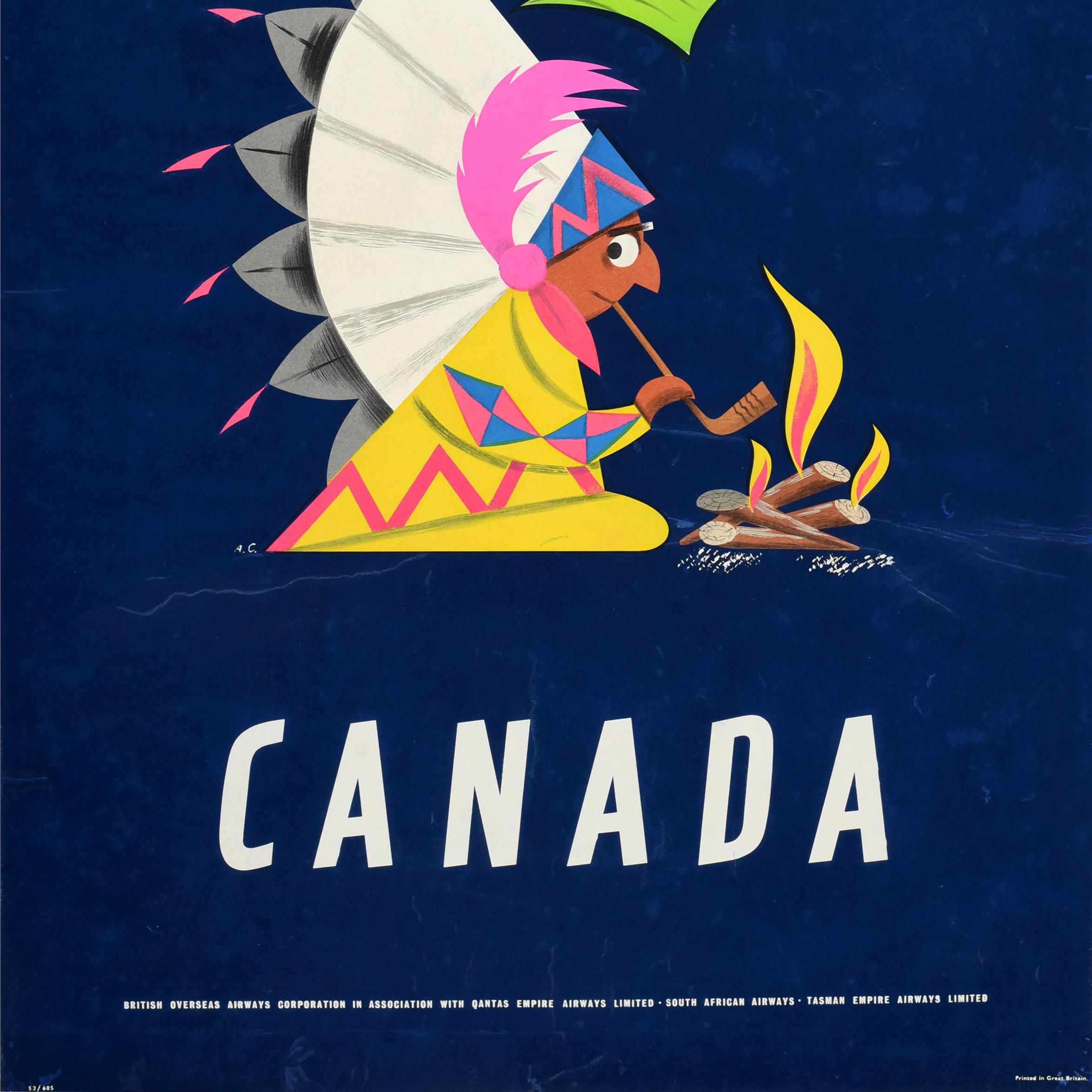 Poster di viaggio originale d'epoca serigrafato Fly BOAC Airline Canada Aldo Cosomati in vendita 3